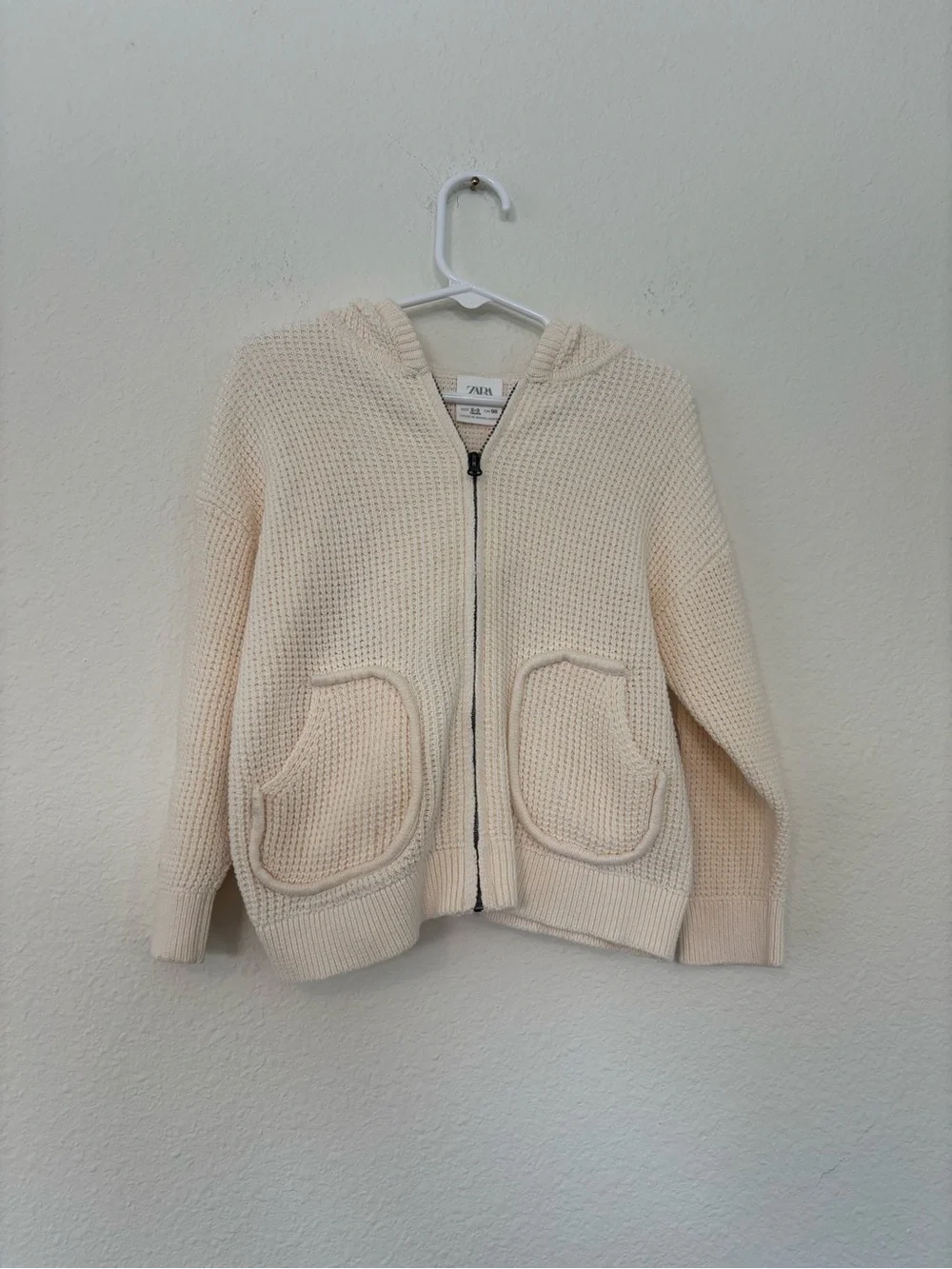Zara Cream Waffle-Knit Hooded Zip Cardigan